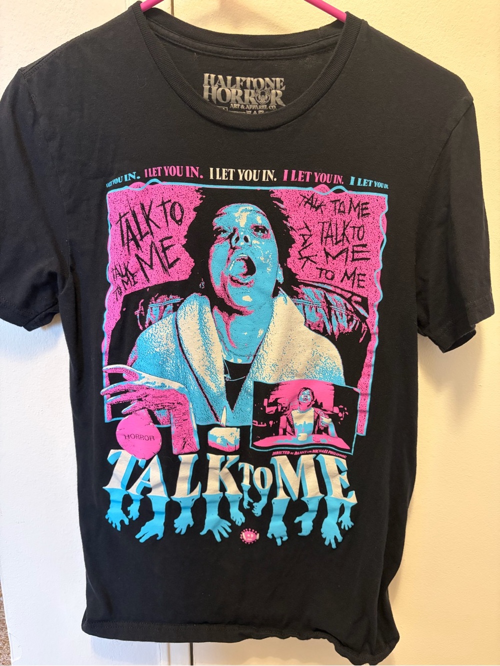 Halftone Horror "Talk to Me" Graphic Tee - Black with Pink & Blue Print